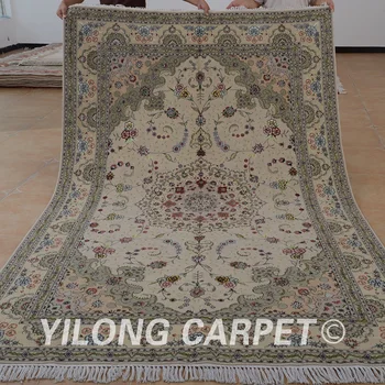 

Yilong 6'x9' Oriental silk wool carpet and rugs beige thick exquisite silk wool rug (1437)