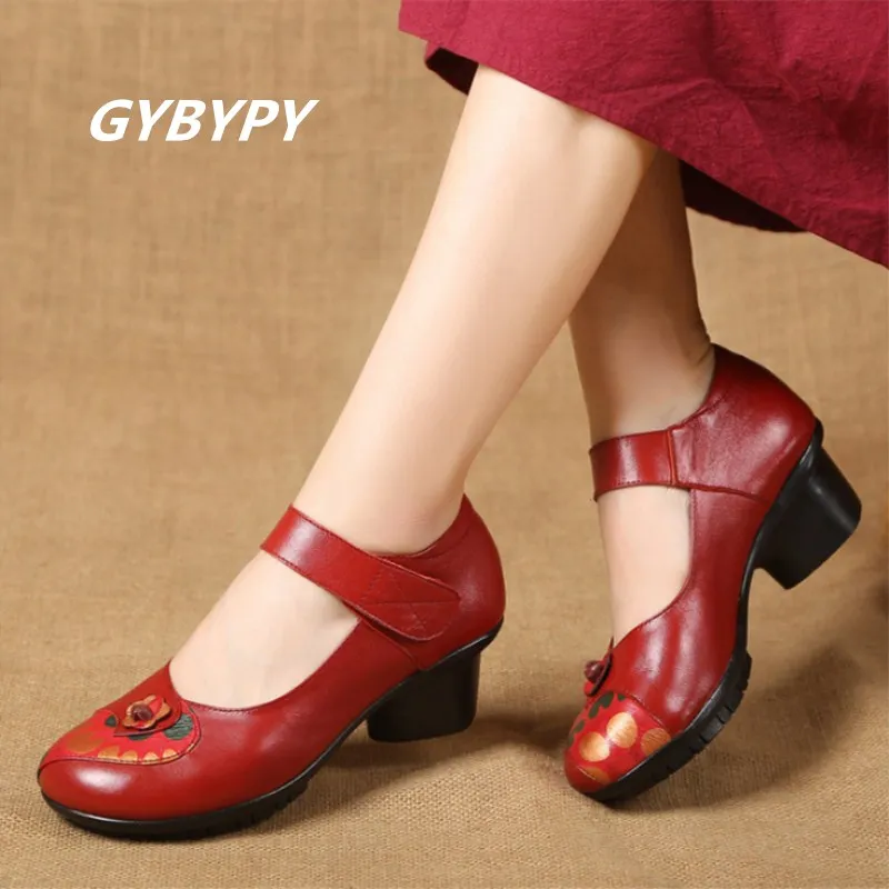 

autumn new real leather ladies single shoes bestseller national wind mother shoes fashion retro cow leather Women's high heels
