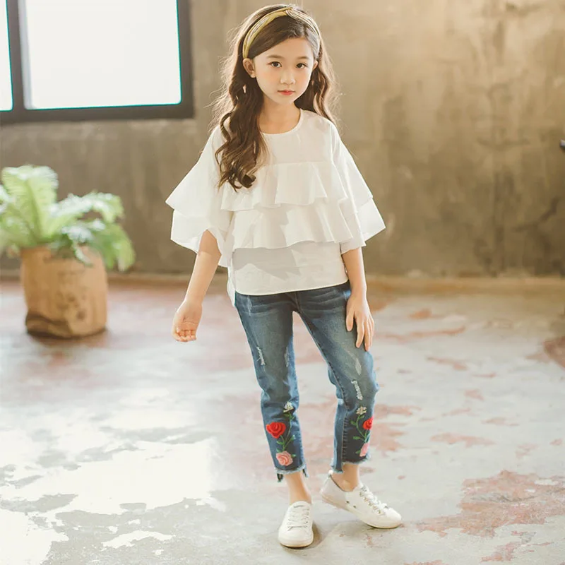 New 2019 White Cotton Ruffles Blouse Baby Big Girls Embroidery Floral Jeans Pants Clothing Sets Kids 2 Pcs Outfits Children Suit (11).jpg