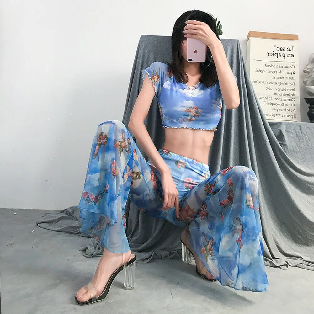 

Women Boho Angel High Waist Mesh Sheer Transparent Long Pants Printed Wide Leg Long Flared Bell Bottom Pants