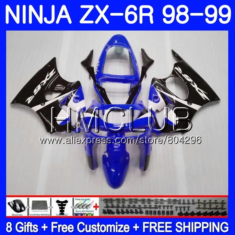 

Body For KAWASAKI NINJA ZX-636 ZX600 ZX-6R 98 99 97HM.21 600CC ZX636 ZX6R 98 99 ZX 636 6 R ZX 6R Blue black 1998 1999 Fairing