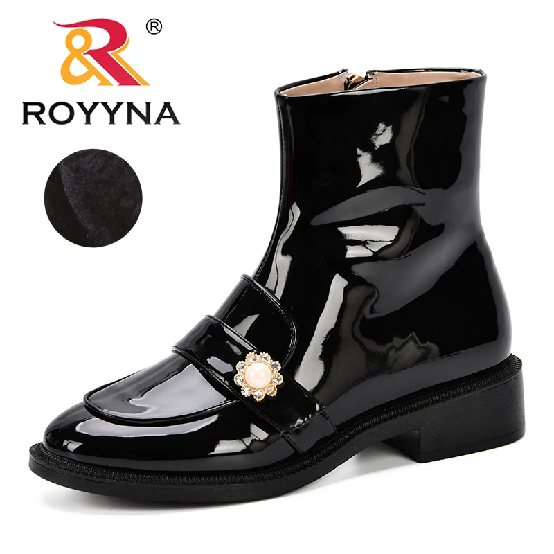 

ROYYNA Women Boots Patent Leather Winter Ankle Shoes Warm Short Plush Boot Female Round Toe Casual Ladies Shoe Platform Shoes