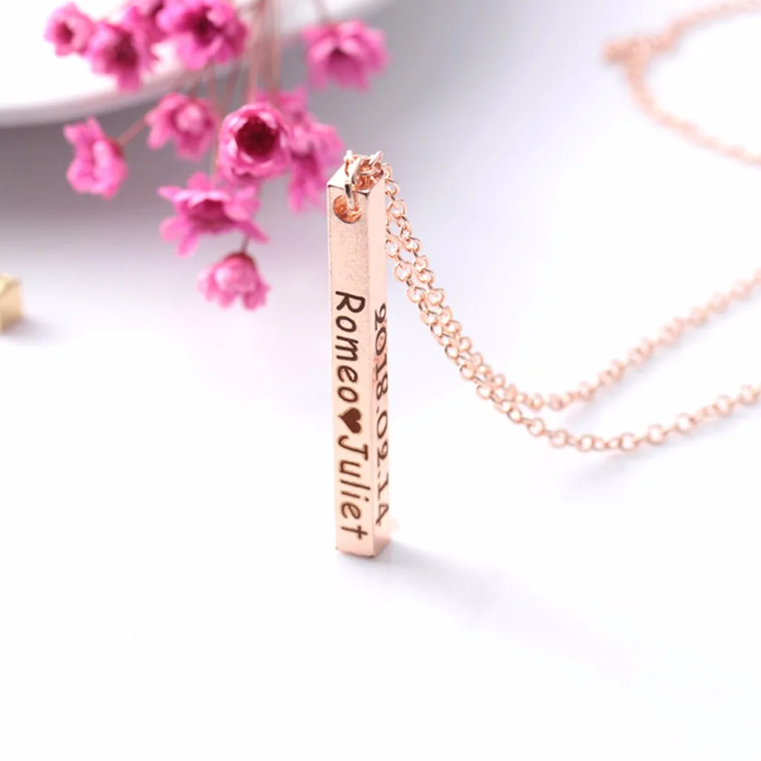Women Engraved Name Bar Pendant Stainless Steel Necklace Vintage Charm Men Silver Link Chain Necklace Wedding Jewelry Gift
