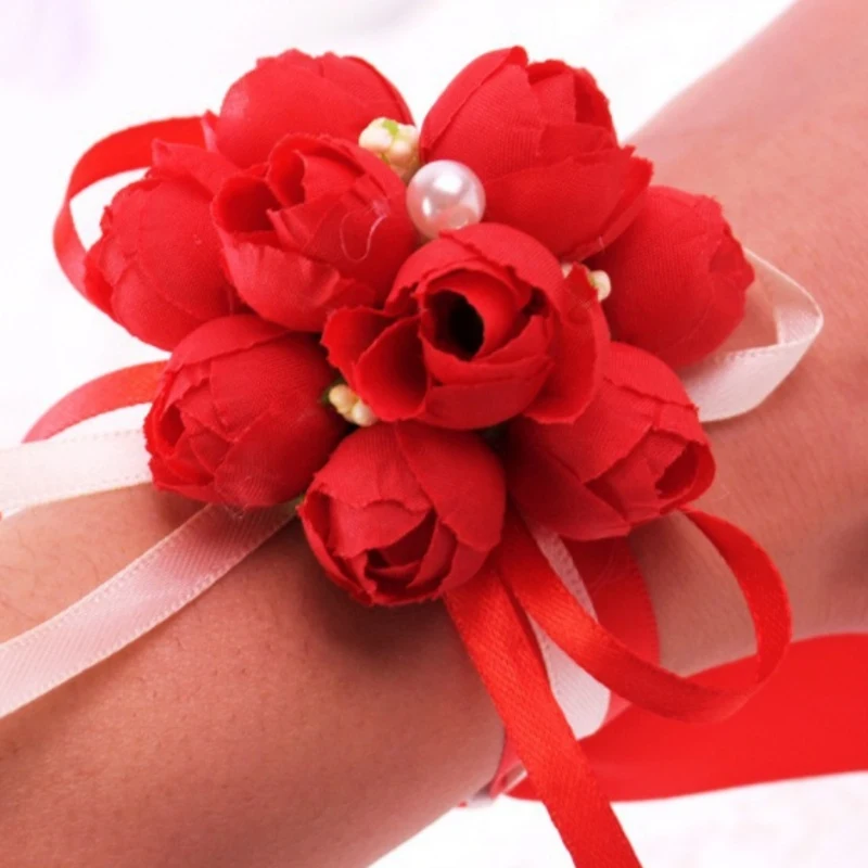 

20Pcs Wedding Bride Girl Bridesmaid Floral Hand Wrist Corsage Adjustable Ribbon Rose Bracelets Ceremony Party Prom Flower Decor