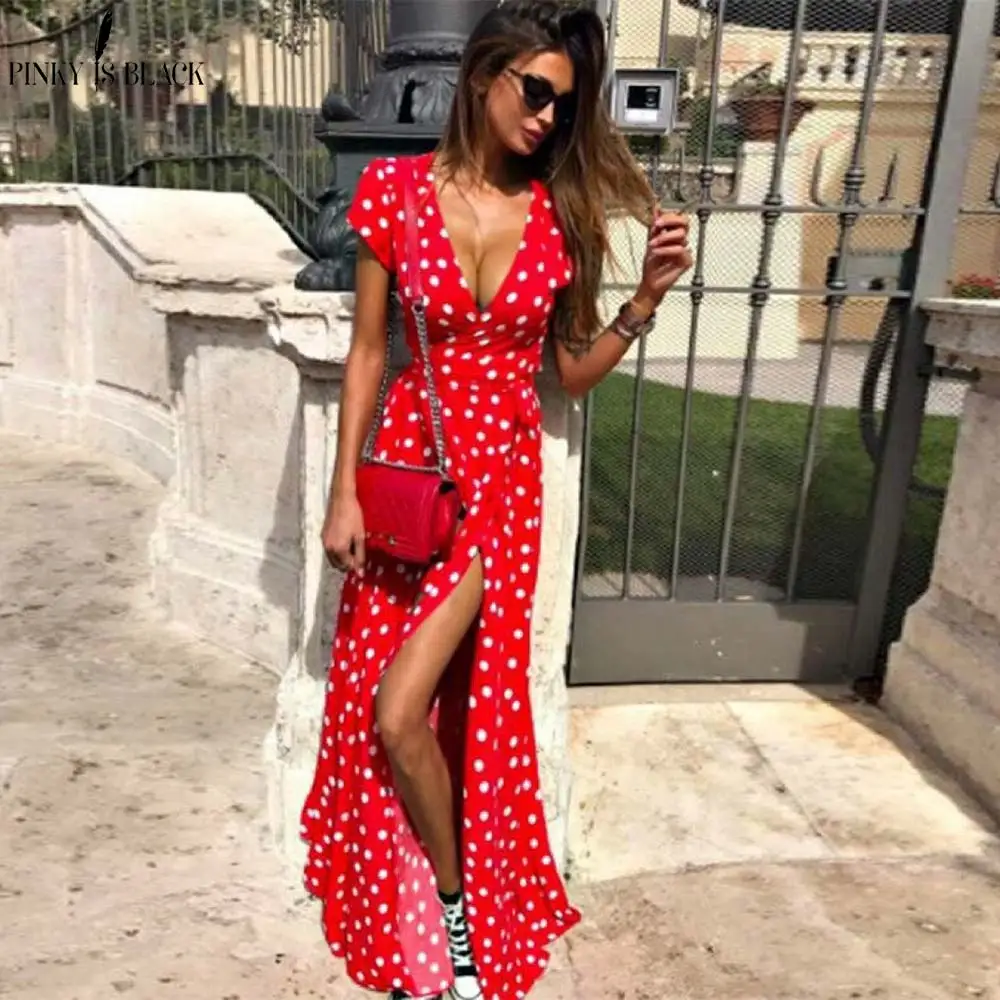 

PinkyIsBlack Boho Polka Dot Long Dresses Women Split Short Sleeve Summer Casual Dress 2019 Streetwear Black Maxi Dress Vestidos