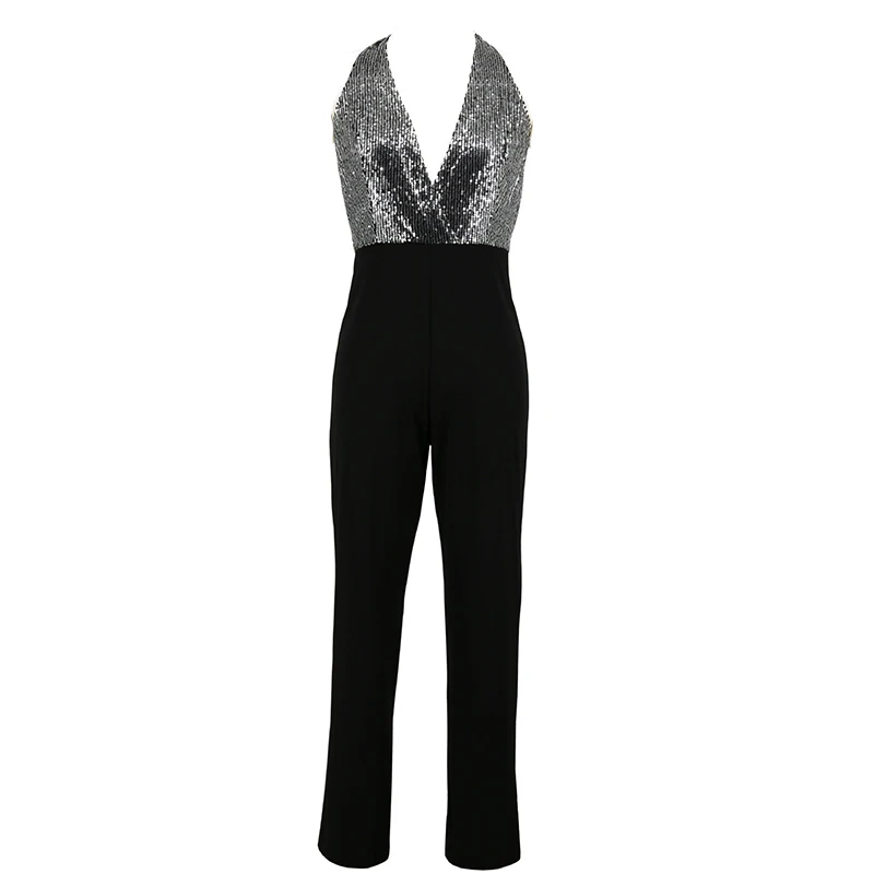 2019 New Summer Silver Sequins Jumpsuit Women Deep V Neck Backless Elegant Sexy Sleeveless Club Romper Long Playsuit Overalls