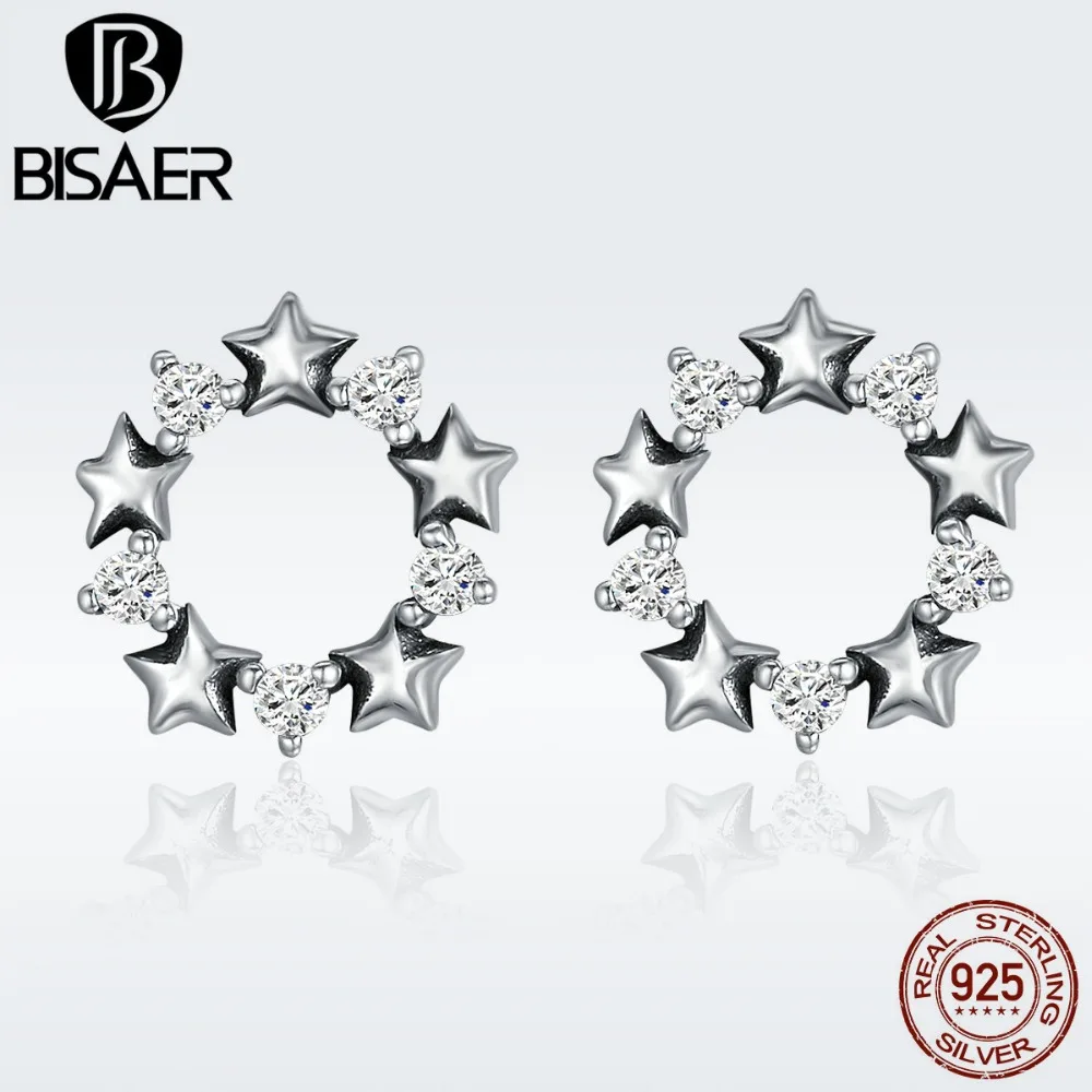 Аутентичные стерлингового серебра 925 пробы яркие звезды звено круглые гвоздики серьги для женщин Свадебные ювелирные изделия из стерлингового серебра ECE185