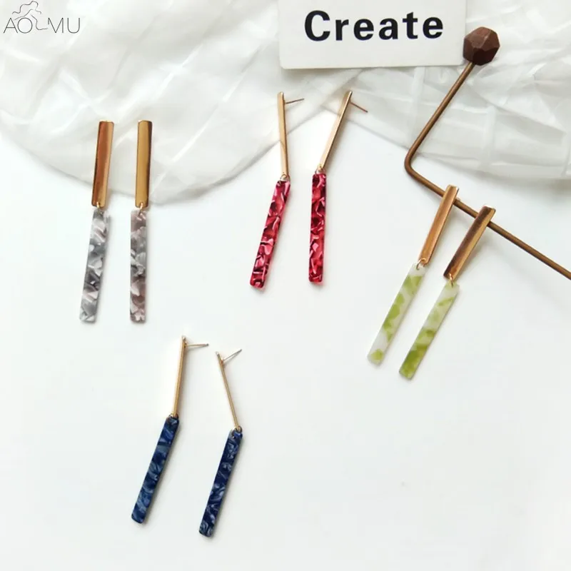

AOMU Korea Simple Fashion Hit Color Acetic Acid Plate Resin Metal Long Drop Earrings for Women Girl Dangle Party Jewelry