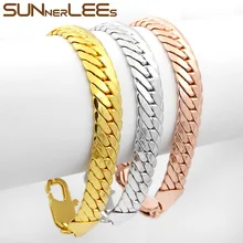 Sunnerlees Модные украшения белого цвета розового золота Цвет браслет 11 мм огромный плоский бордюр кубинская цепь для подарок для мужчин и женщин C36 B