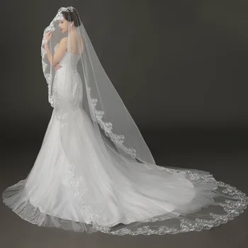 

Cheapest Free Shipping White Applique Lace Weding Veil 3 Meters Cathedral Tail Long Bridal Veil