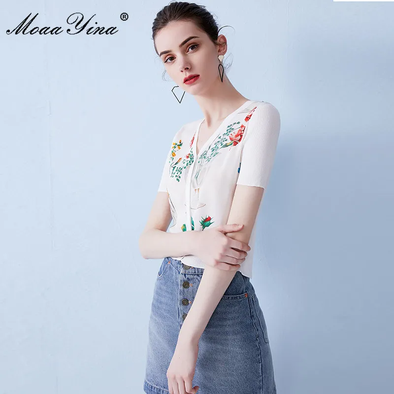 

MoaaYina Designer Autumn Short Sleeve White Knitting Tops Women's Elegant Floral-Print Silk Sweater Tees Pullovers