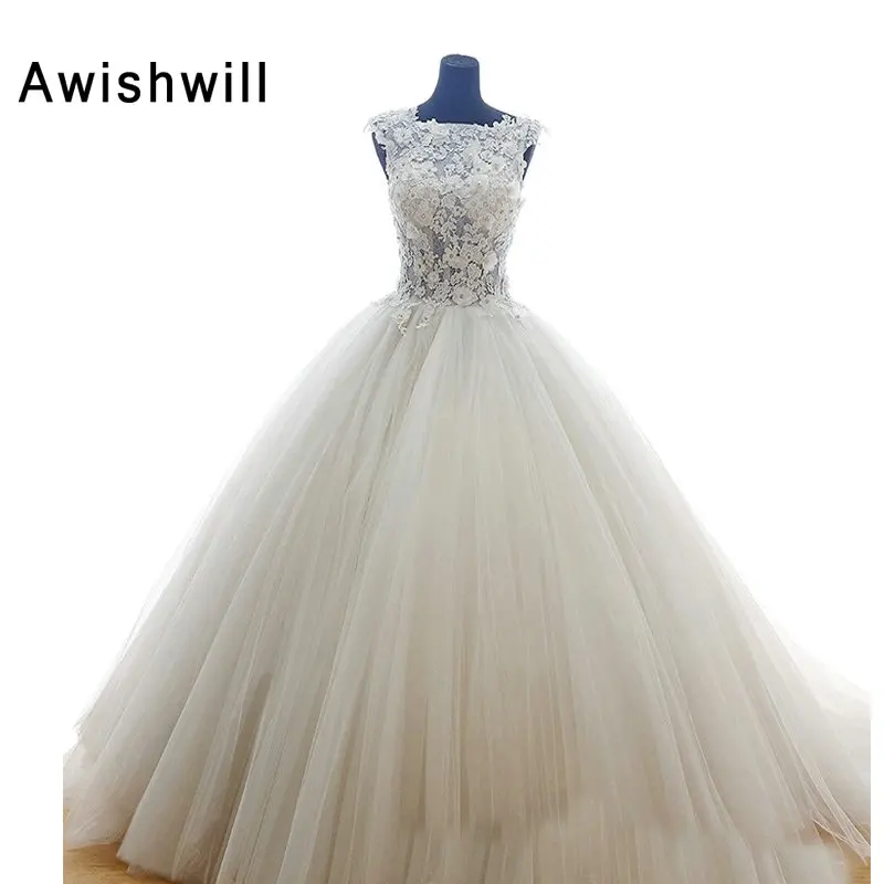 

Real Photo Sleeveless Ball Gown Wedding Dress Appliques Floral Tulle Bride Dress Wedding Gowns Cheap Custom Made