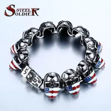 Envío de la gota 2016 Nueva Punky Fresco de La Bandera Americana de acero soldado cráneo Pulsera 316 joyas de Acero Inoxidable para el Hombre