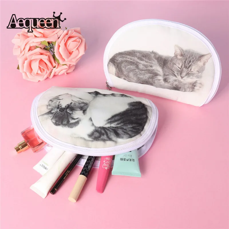 

AEQUEEN Cute Cat Cosmetic Bags 3D Printing Women Make Up Cases Cartoon Cosmetic Bag Girls Travel Makeup Bag Female Small Pouch