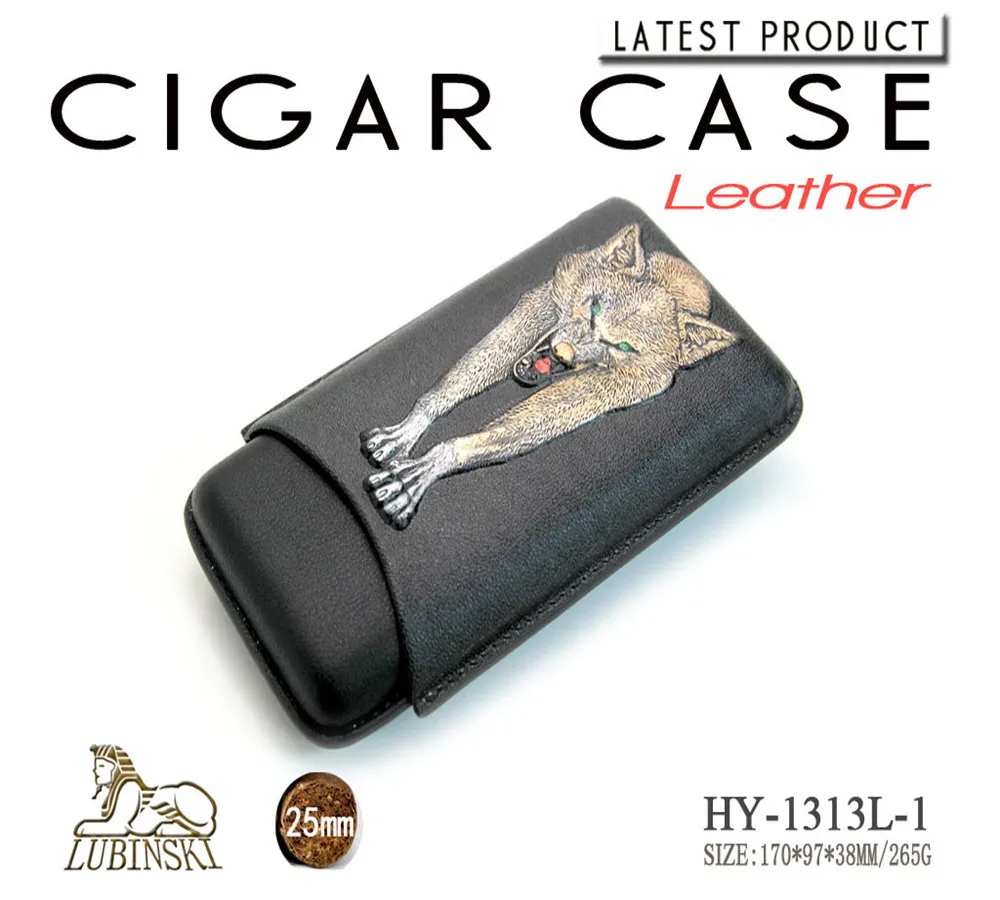 LUBINSKI Black Leather Wolf Cigar Case Humidor Travel Moisturizing Tube Portable Set Hold 3 Pcs Cigars HY-1313L | Дом и сад