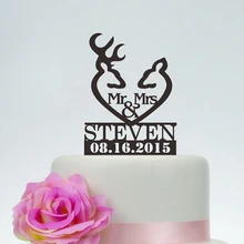 Mr& Mrs торт Топпер с фамилией и датой, олень сердце свадебный торт Топпер, пользовательский акриловый Серебряный Деревянный юбилей торт Топпер