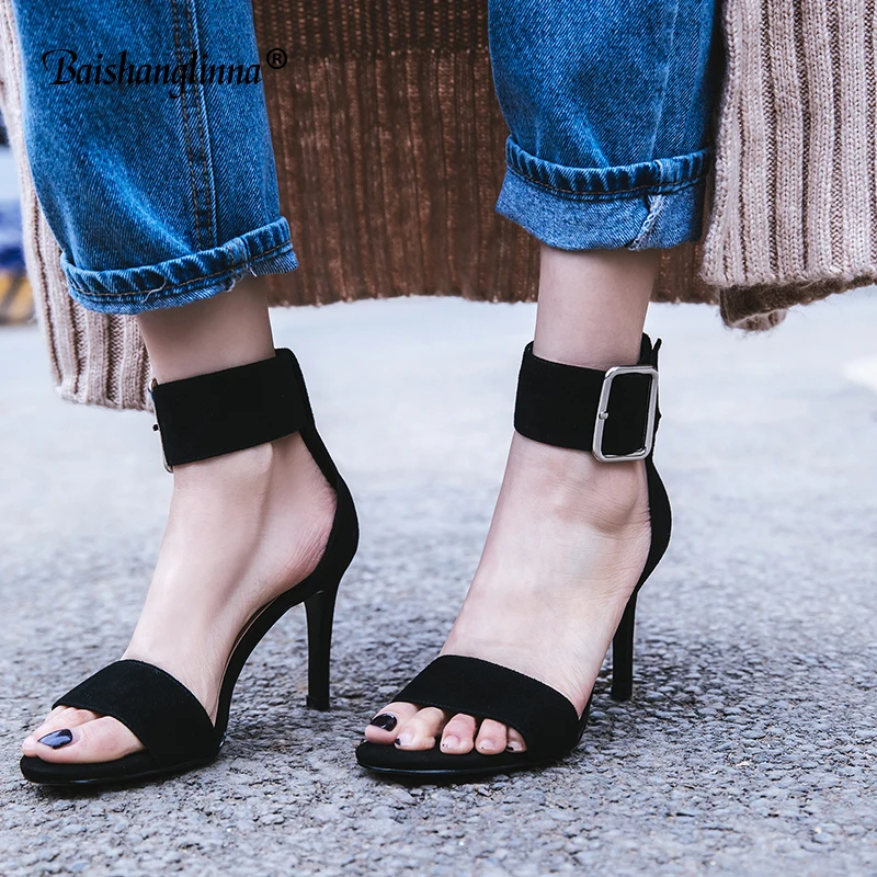 

2018 Summer Ankle Strap Heels Women Sandals Solid Shoes Women Open Toe Chunky High Heels Genuine leather Party Dress Sandals new