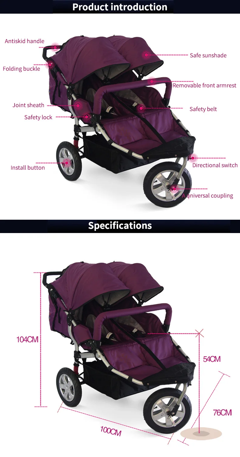 Трехколесная детская коляска для близнецов, прогулочная коляска Babyboom, внедорожный светильник, спортивная детская коляска, двойная детская Противоударная коляска BB