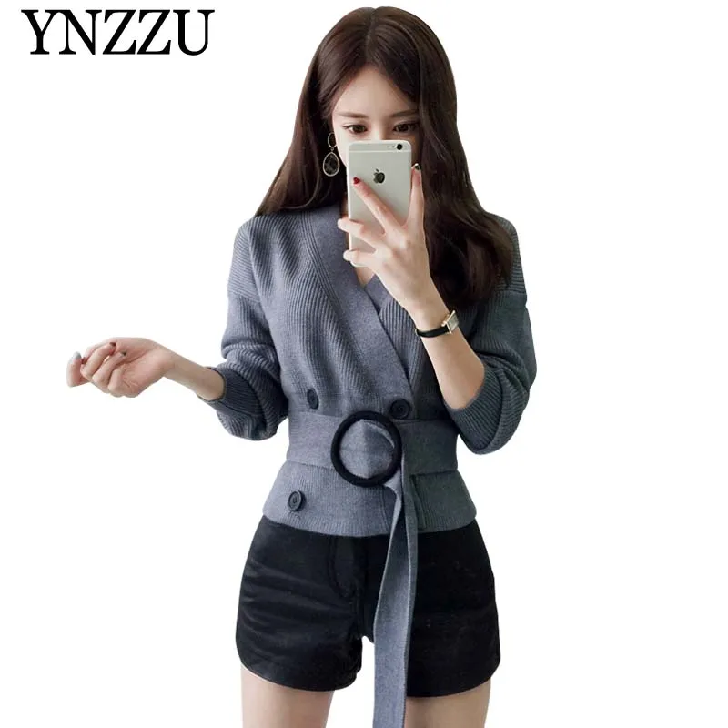 

YNZZU 2019 Autumn Winter V-neck solid women sweater Double breasted with belt female knitted jacket Chic elegant outerwear YO844