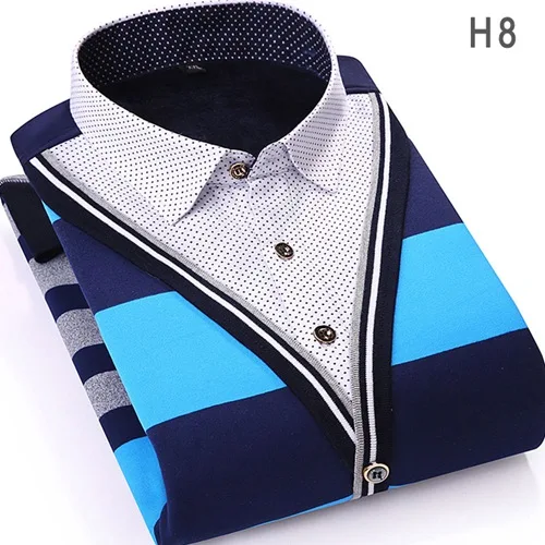 Модная полосатая Мужская Повседневная рубашка с длинным рукавом, облегающая имитация двух частей, зимняя теплая рубашка в горошек с бархатной плотной рубашкой - Цвет: H8