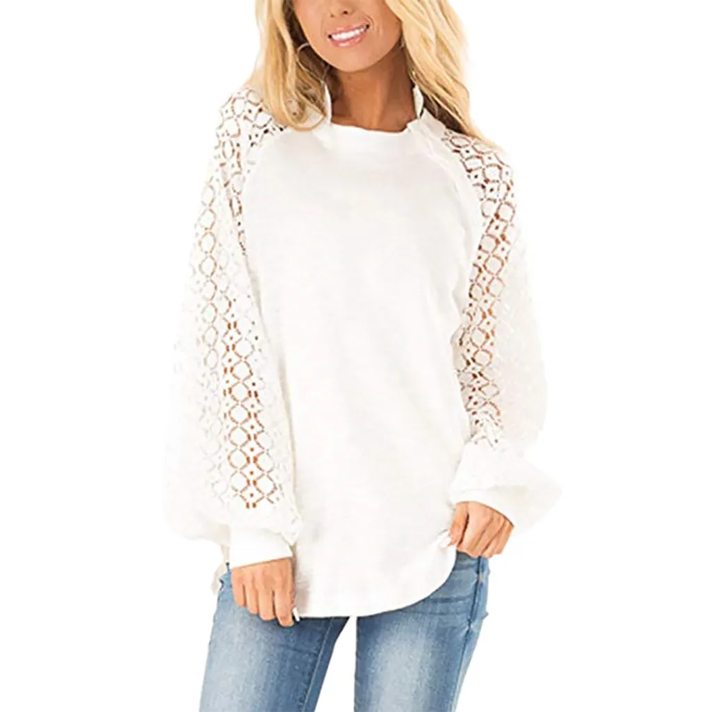 

Women's Round Neck Long Sleeve Shirt Soft Loose Blouse Buttoned Lace Hollow Tops Women Camisas Femininas Clothing Female