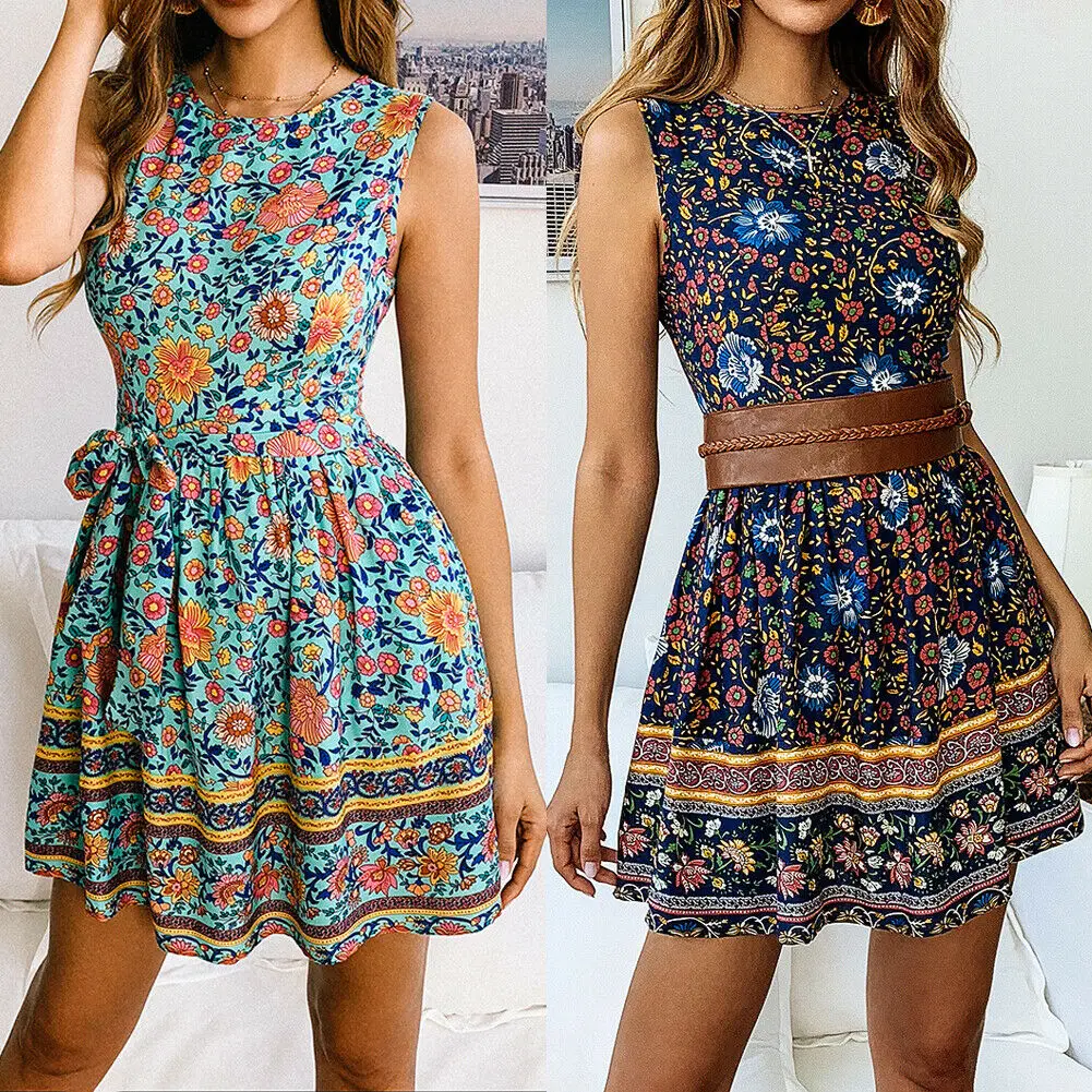 Модные женские туфли Лето Boho Винтаж Цветочный Принт короткое платье; повседневное Вечеринка пляжное сарафан праздничное