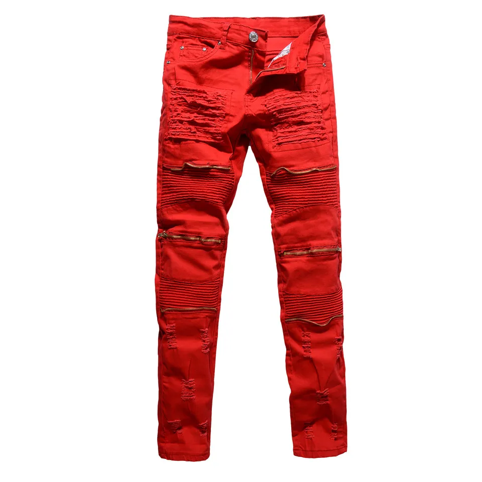 

White Black Red Zipper Jeans Men Slim Stretch Ripped Distressed Mens Biker Jeans Skinny Hip Hop Jogger Pants Streetwear Trousers