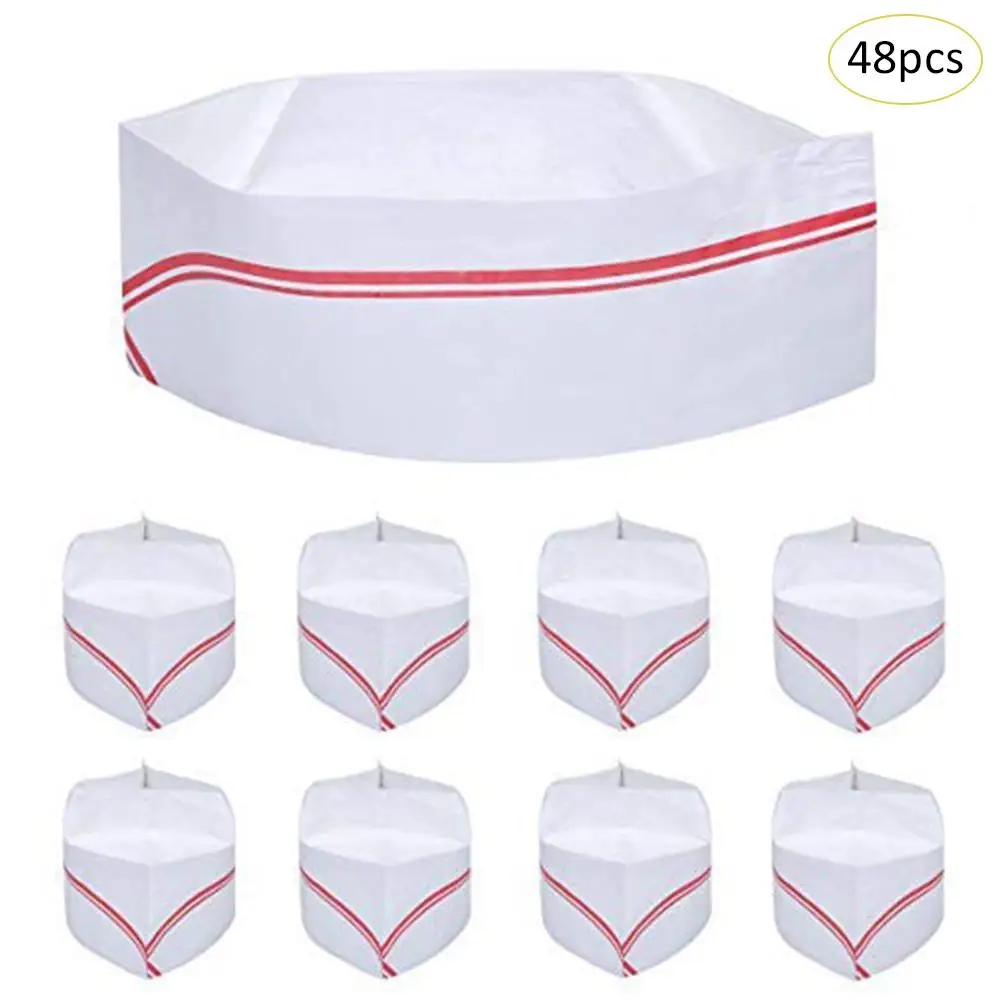

48pcs/set Disposable Thickened Chef Paper Hat Red Brim Low Hat Chef Work Hat Kitchen Party Props