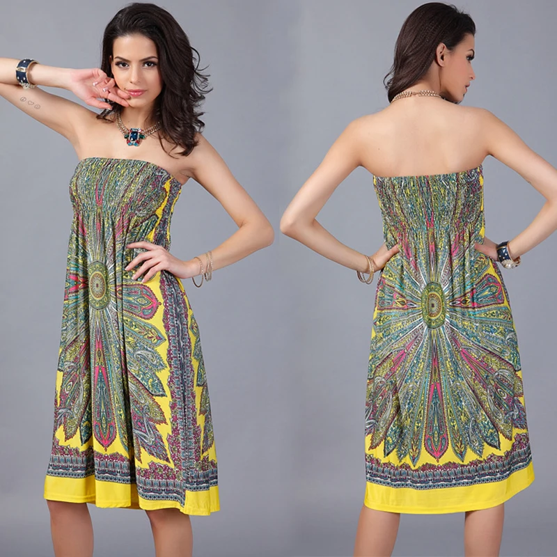 

high quality Summer Female Milk silk Bohemia Sexy Slim Medium length Large size fashion Wrap the chest Beach Party dress girls