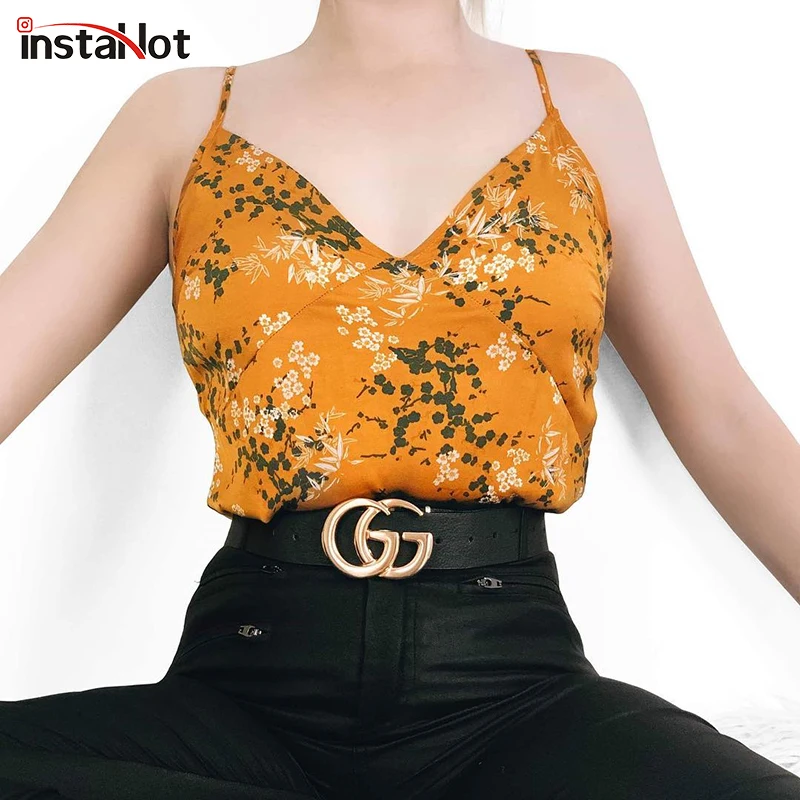 

InstaHot Yellow V Neck Loose Strap Tops Women Camis 2019 Summer Flower Printed Casual Sleeveless Fashion Basic Tops Sexy Vest