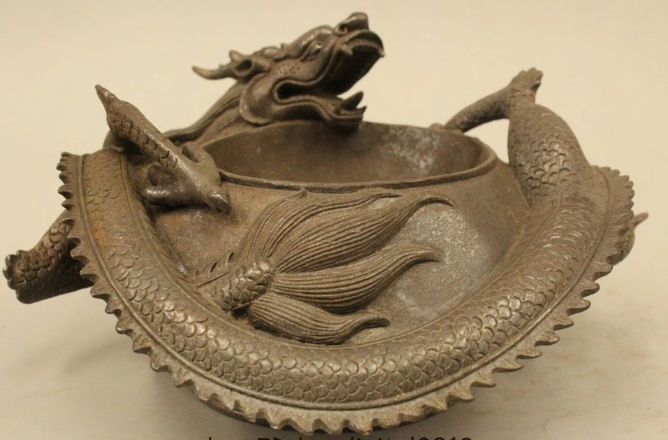 

Chinese Folk Purple Bronze Dragon ashtray Bowl marked Dynasty Palace Statue