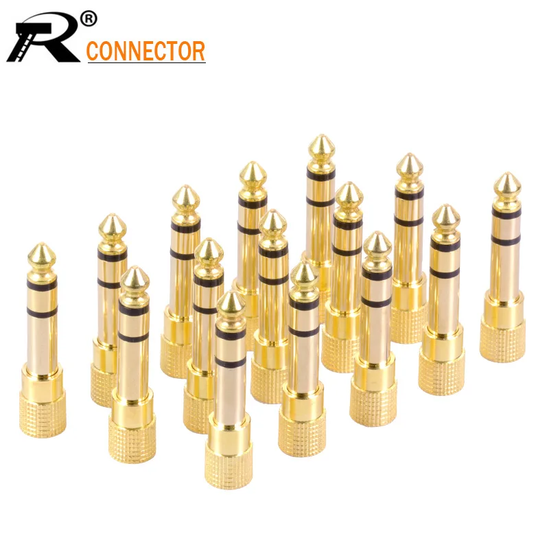 100pcs Microphone plug audio connector 6.35mm male plug to jack 3.5mm 3 pole female socket speaker adapter gold plated