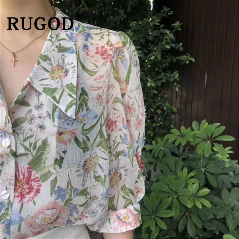 RUGOD в Корейском стиле с цветочным принтом шифоновые блузки Дамская Мода отложной
