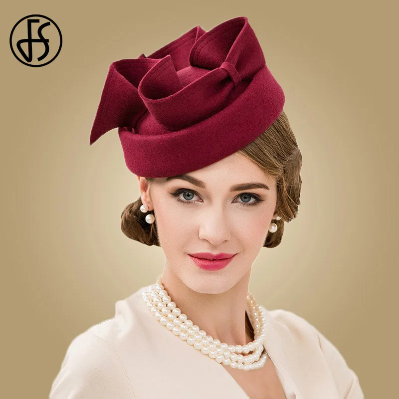 FS Vintage lana pastillero sombrero negro mujer Fascinator sombreros Derby elegante vino rojo boda señoras Iglesia sombrero Fedora - 1