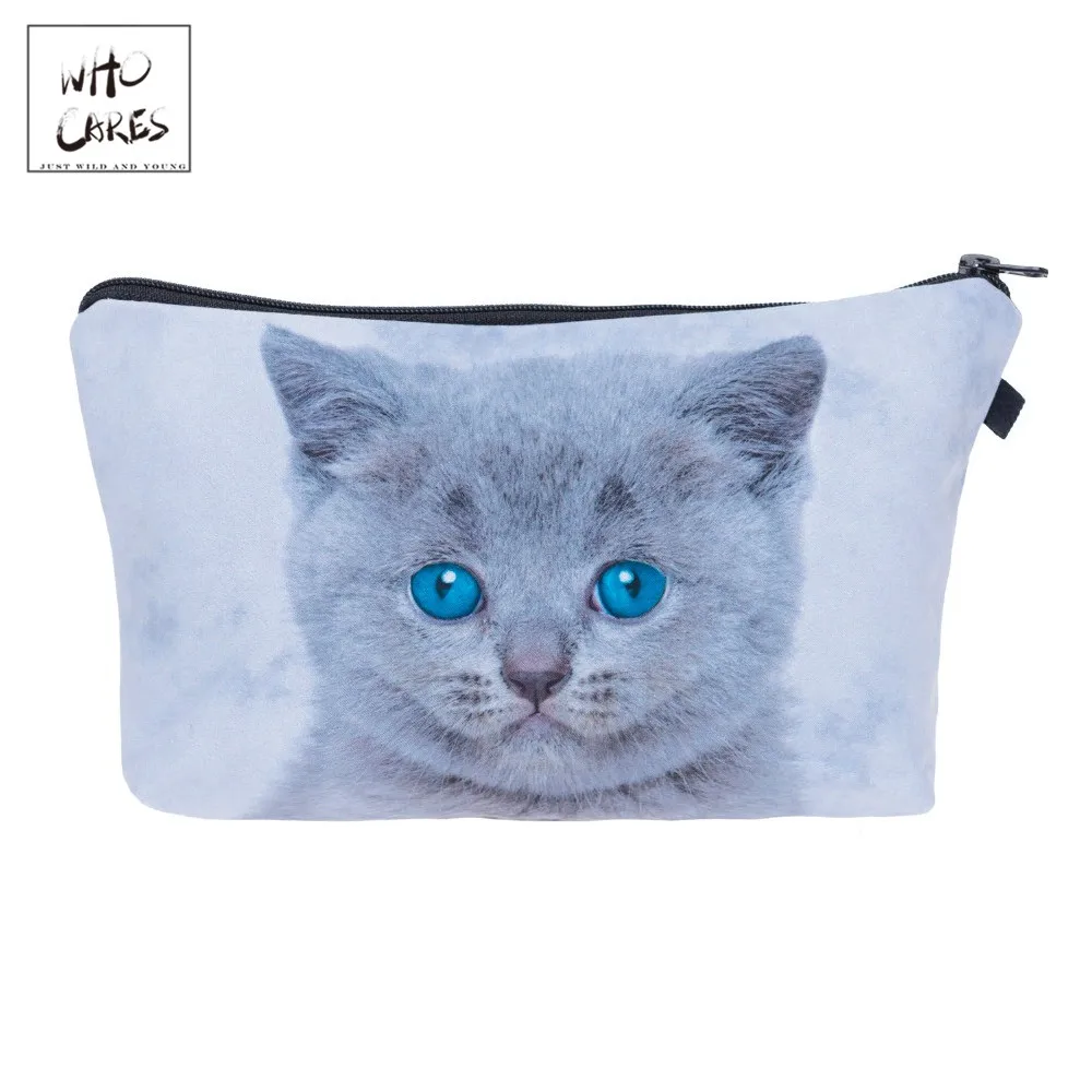 Who Cares Fashion printing Cute Blue Eyes Gray Cat Makeup Bags Cosmetic