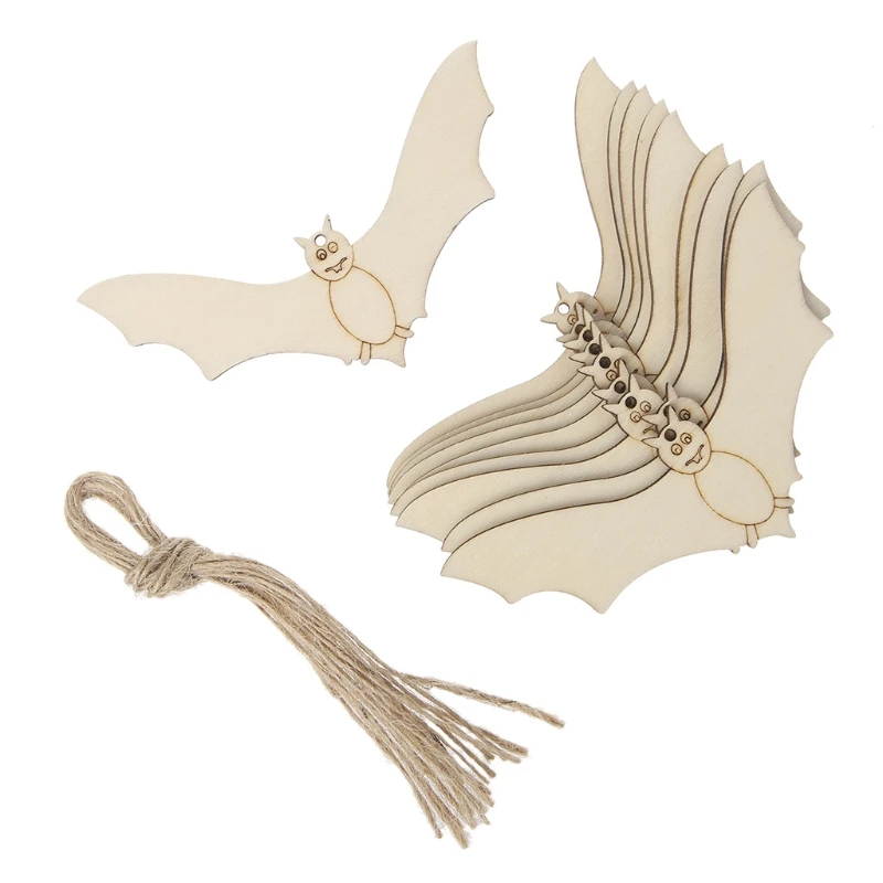 

10Pcs Wooden Halloween Bat Pendant Tag Home Office Decor DIY Ornaments With Rope