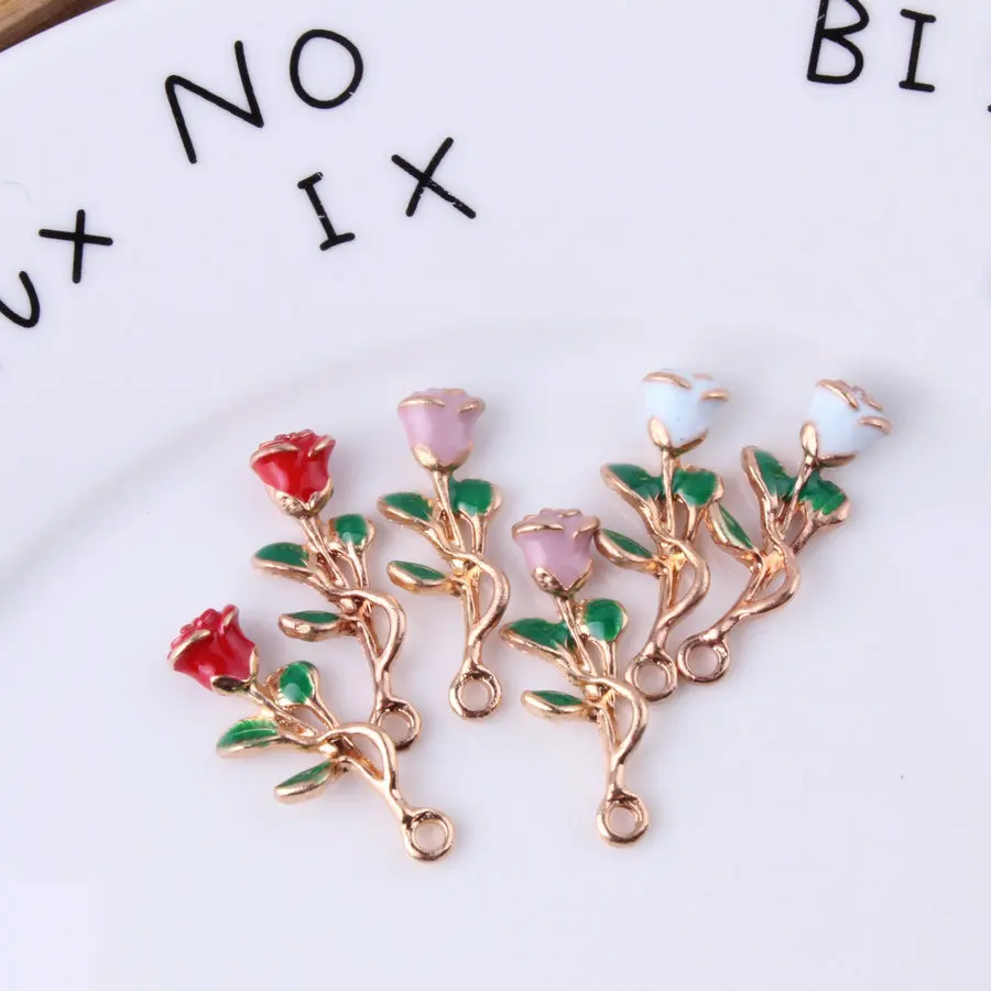 

Mini Order 10pcs/Lot 10*28MM Enamel Alloy Rose Flower Pendant Charms Gold Tone Drop Oil DIY Bracelet Necklace Earring Charms