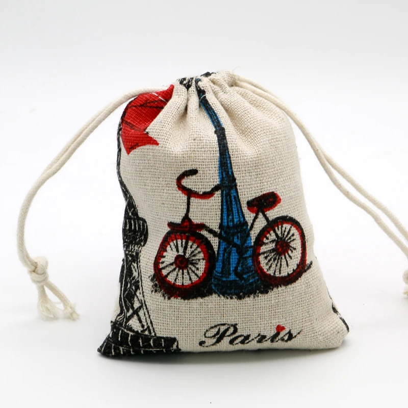 Высокая Качественный хлопок мешки Drawstring 9x12 см 5 шт./лот принт красное сердце велосипед и башня хлопок упаковка мешки для ювелирные изделия