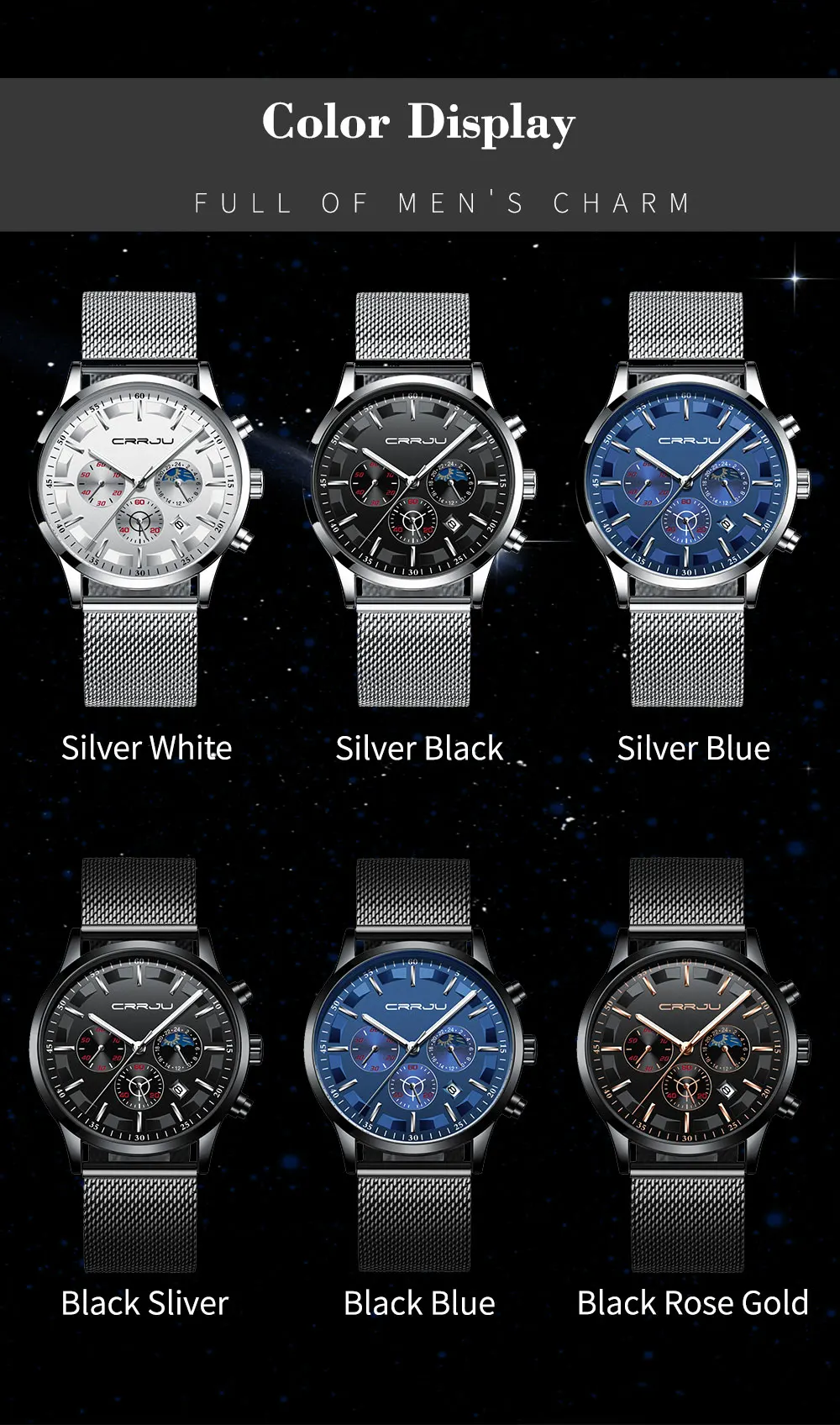 Новый crrju Для мужчин часы лучший бренд класса люкс кварцевые часы хронограф модные сетчатые Сталь часы Водонепроницаемый спортивные часы