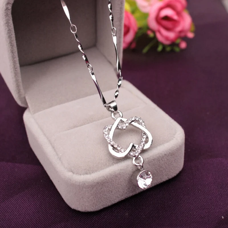 

Women Elegant Necklace Gold Silver Chain Crystal Rhinestone Double Heart Pendant Necklaces Ladies Fashion Jewelry Gift Drop Ship