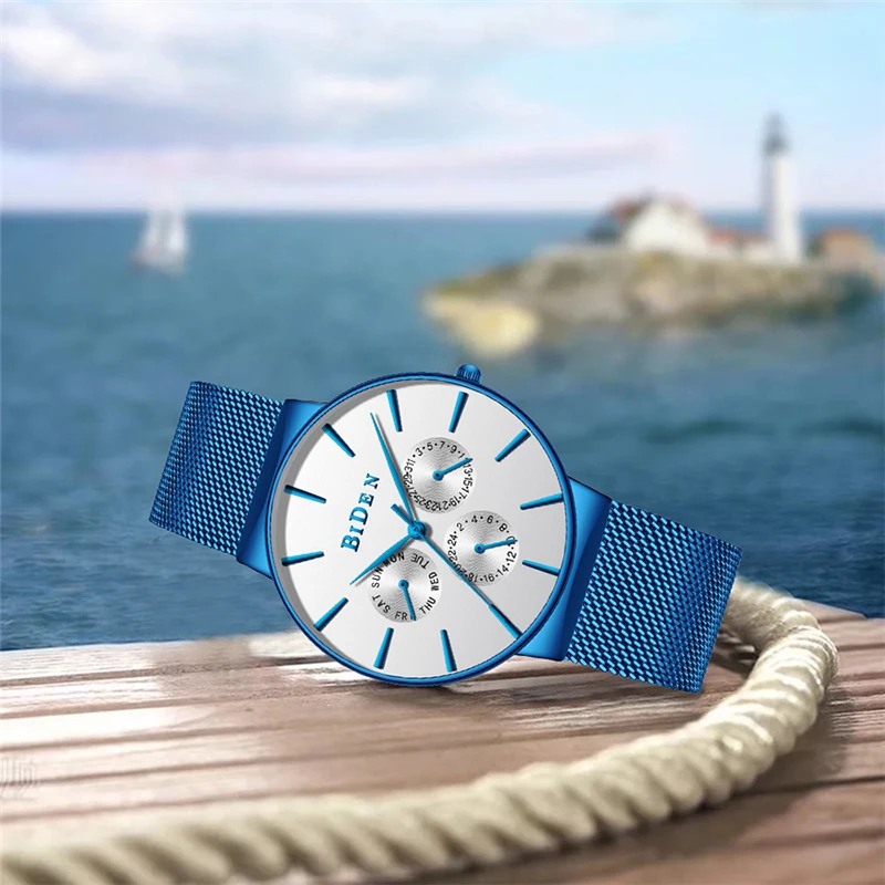 Unique Blue Chronograph Mens Watch New Top Luxury Military Sport 30ATM Quartz wristwatch Genuine Leather Date Clock Male Hour