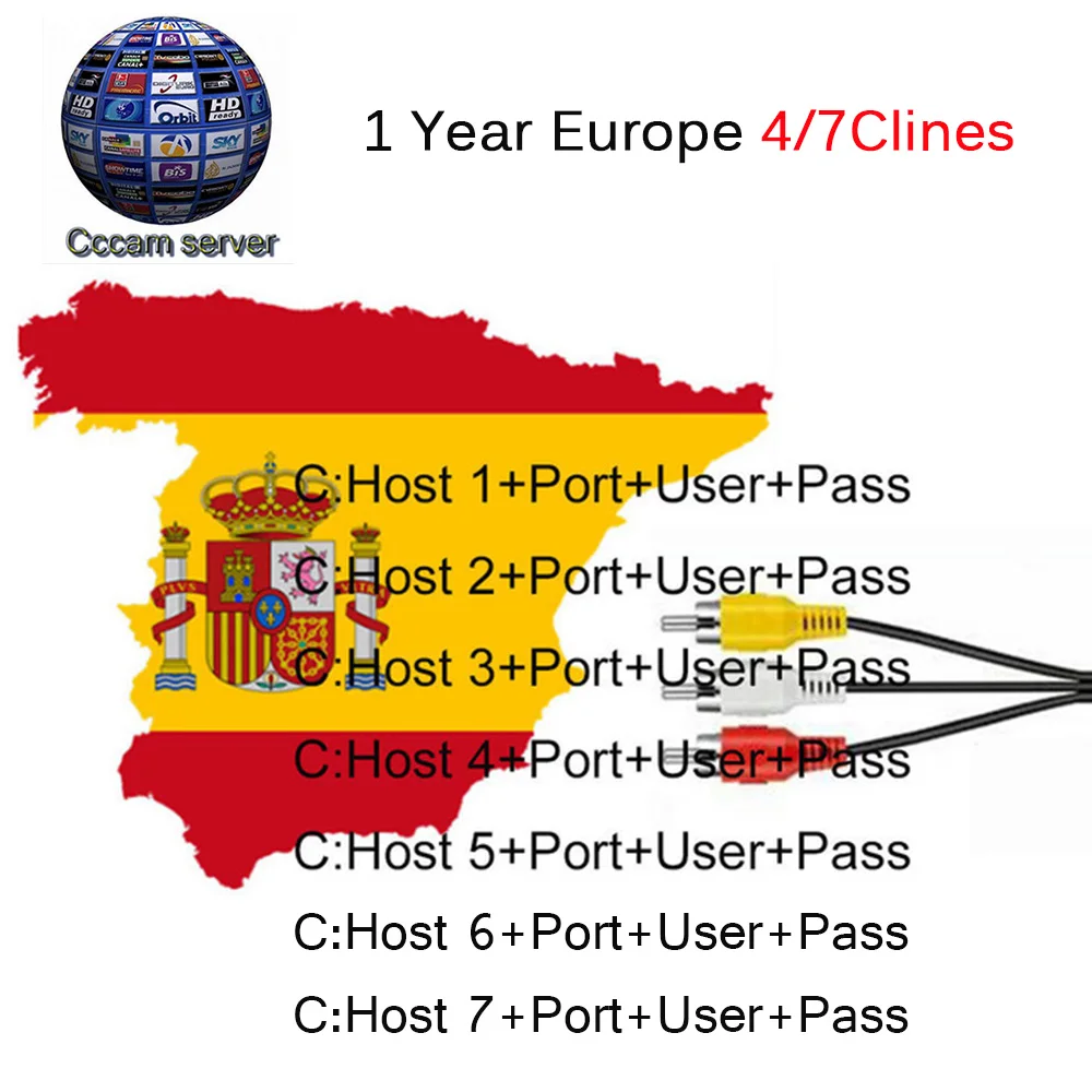 

2019 Europe HD Server 1 Year Cable for Satellite TV Receiver 4/7 lines Full HD DVB-S2 Support Spain Poland Europe Server