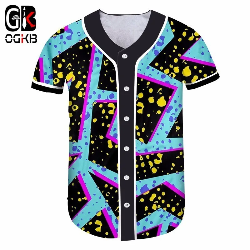 OGKB Hot Sale Fit Slim Loose Button Shirt V Neck Tee Shirts Cool Print Blue Flash Light Grid 3D Baseball T-shirts Tshirt | Женская