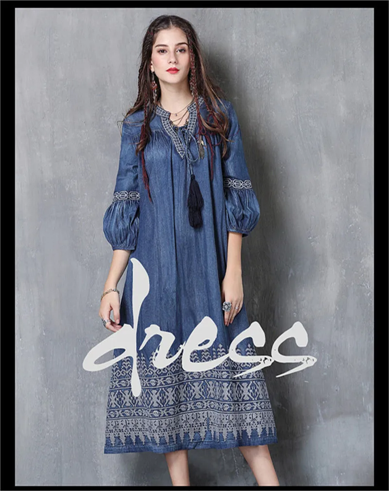 Women Tassel Dress Vestido 2019 Spring New Denim Vestidos V-Neck Three Quarter Lantern Sleeve Flower Embroidery Vintage Dresses (1)