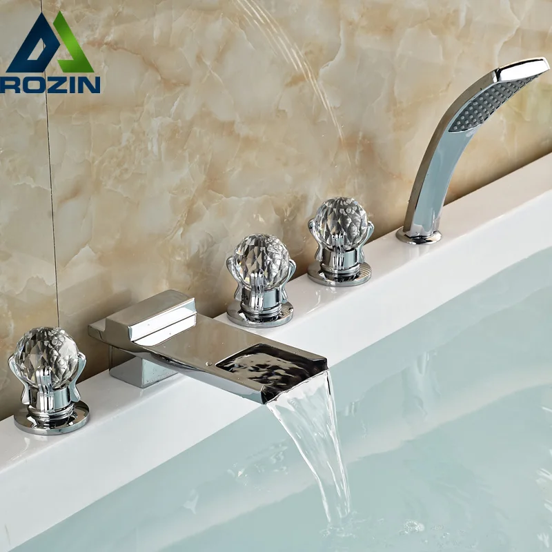 Luxury Cristal Handles Waterfall Long Spout Bathtub Faucet Deck Mount Widespread Mixer Taps Chrome Finish