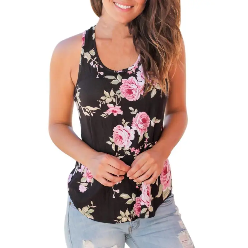 2017 Women Casual Sleeveless women blouses round neck Floral Tops