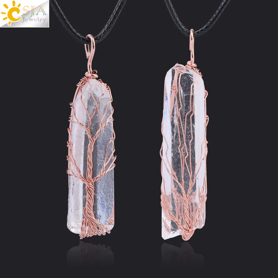 

CSJA Natural Stone Quartz Necklaces Pendants Tree of Life White Crystal Pendant Suspension Rose Gold Wire Wrapped Jewellery F898