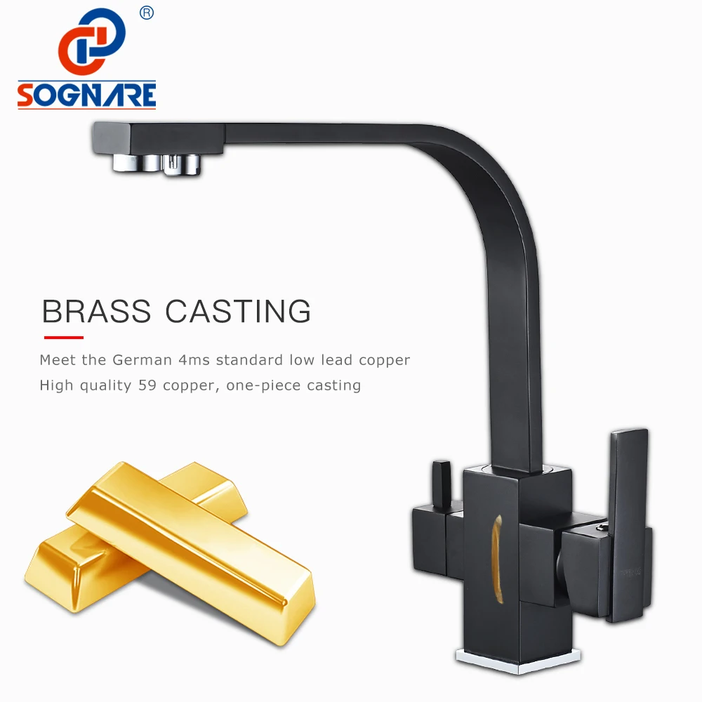 Black Square Kitchen Faucets 360 Degree Rotation 3 Way Water Filter Tap Water Faucets Solid Brass Kitchen Sink Tap Water Mixer