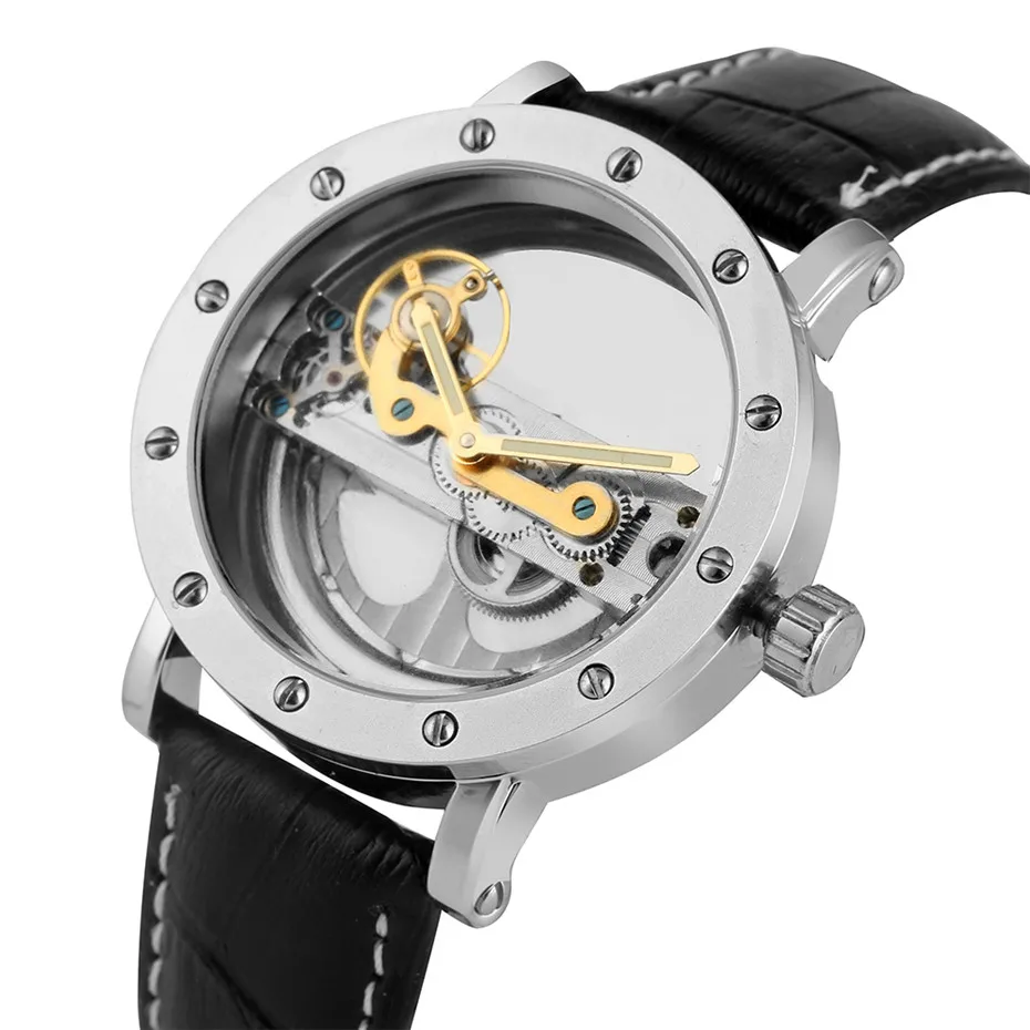

FORSINING Unique Transparent Hollow Mechanical Men Watches Cool Mens Genuine Leather Wristwatches Self Winding Man Clock