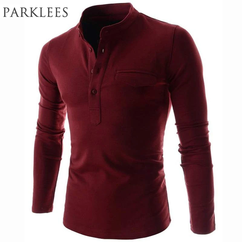 

New Wine Red Polo Shirt Men Polo Homme 2016 Autumn Mens Fashion Long Sleeve Cotton Henley Shirt Brand Slim Fit Mens Polo Shirts